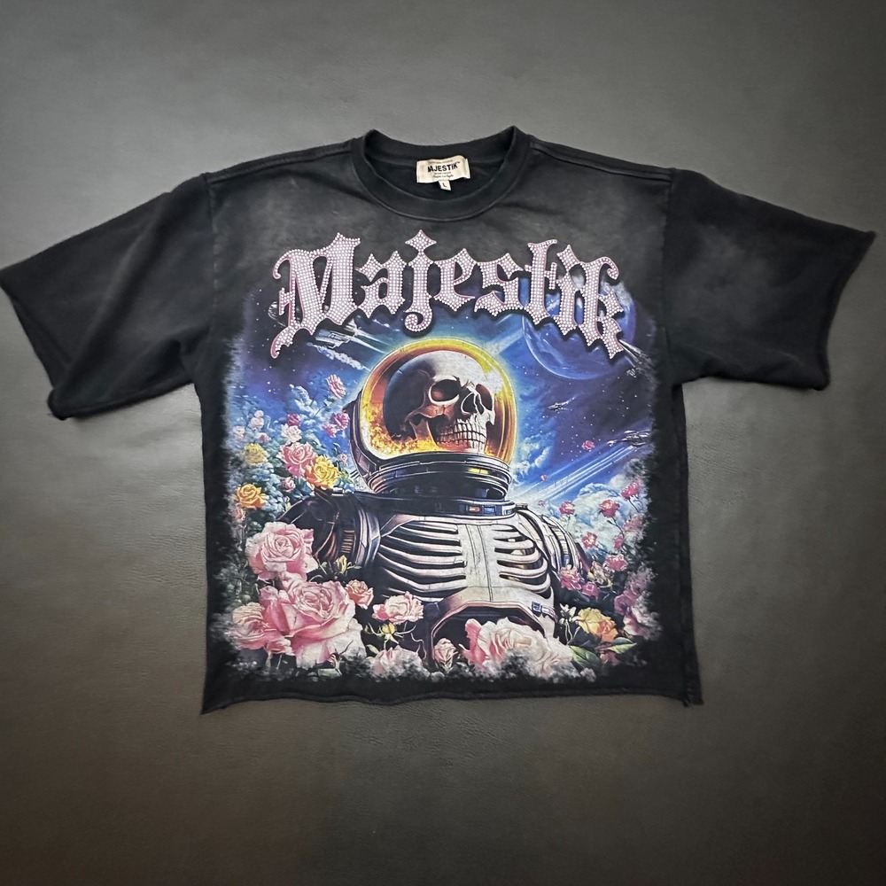 MAJESTIK Tee Mens Large Black Faded Rhinestone Boxy Crop Streetwear Skull Heavy